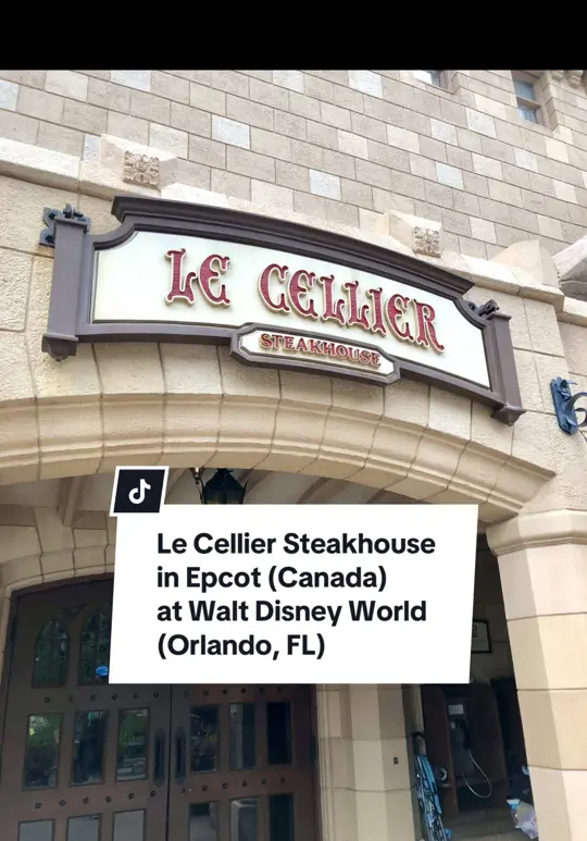 Le Cellier Steakhouse in Lake Buena Vista showing restaurant, steak, mashed potatoes, video by _itsbrittknee on TikTok