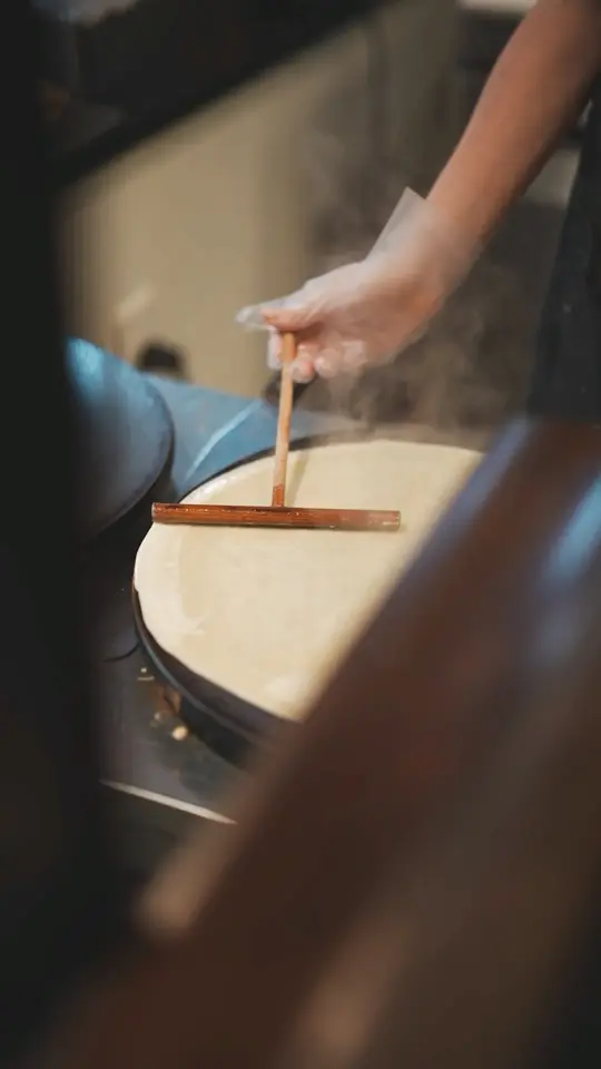 Le Gabrielle Crepes & Waffles in Monroe showing crepe, traditional crepe making, video by Le Gabrielle of Monroe on Facebook