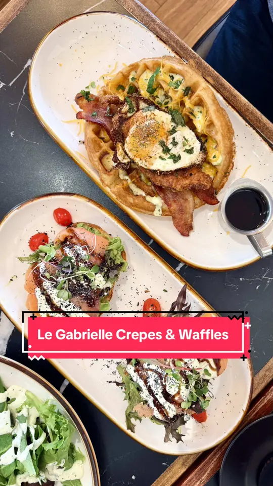 Le Gabrielle Crepes & Waffles in Winder showing brunch, chicken and waffles, sweet crepes, savory crepes, avocado toast, video by cindyandpeti on TikTok