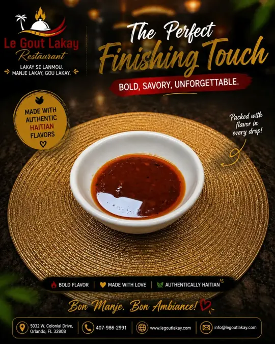 Le Gout Lakay Restaurant in Orlando showing restaurant, house sauce, griot, pwason frit, tasso, chicken, fritay, video by Le Gout Lakay Restaurant on Facebook