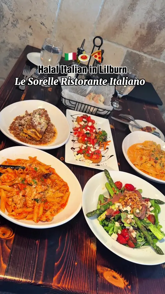 Le Sorelle Ristorante Italiano in Lilburn showing review, bruschetta, insalata sorella, rosatella, arrabiata con pollo, lasagna bolognese, chocolate cake, gelato, video by craveandbiteatl on TikTok