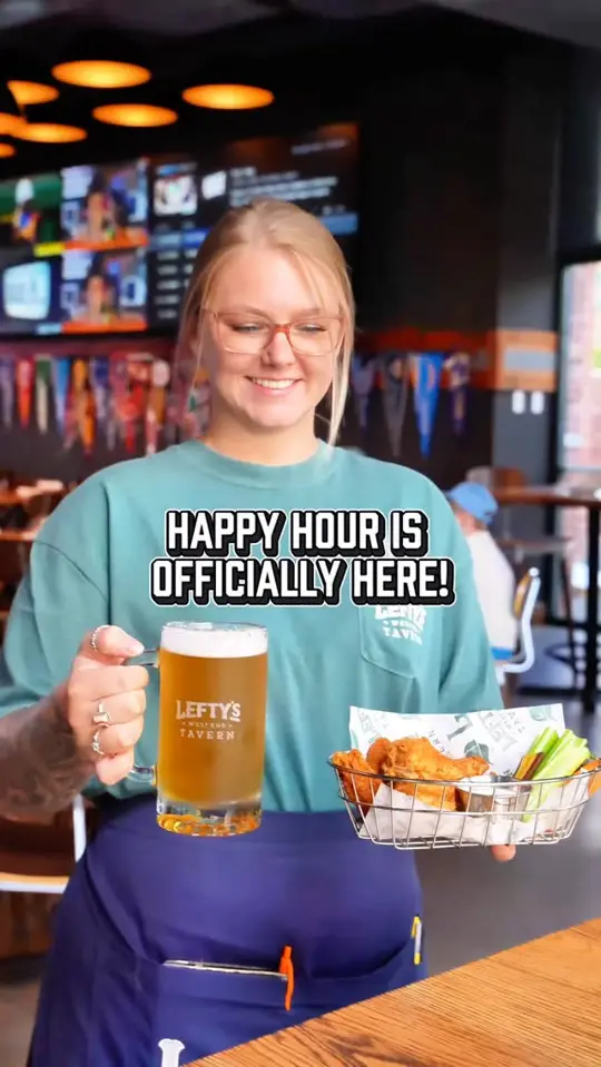 Lefty's Tavern & Grille in Coral Springs showing happy hour, draft beers, michelob ultra, tito's, wines, snacks, video by Lefty's West End Tavern on Facebook