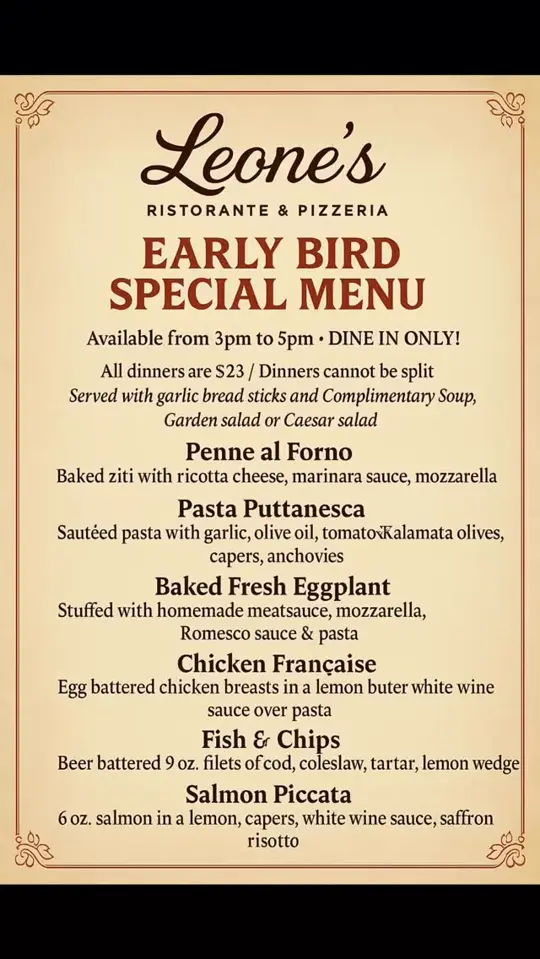 Leone's Ristorante & Pizzeria in Venice showing early bird special menu, italian food, video by Leone's Ristorante & Pizzeria on Facebook