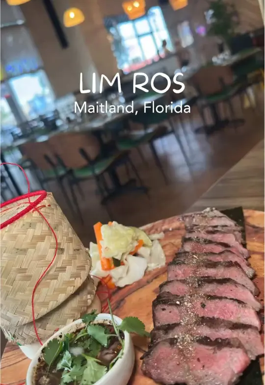 Lim Ros Thai Restaurant in Maitland showing review, crying tiger, leng zabb, tod mun goong, larb chicken wings, mango sticky rice cocktail, video by floridafunadventures on TikTok