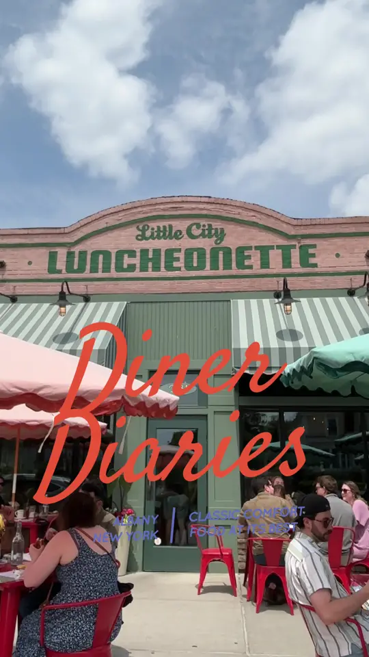 Little City Luncheonette in Albany showing retro diner vibes, iced blueberry pancake latte, little city slam, breakfast burrito, video by pkkknayli on TikTok