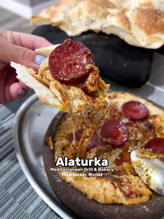 Little Greek Fresh Grill in Palm Harbor showing hummus, lavash bread, kunefe, cheese, dessert, video by denalovesfood on TikTok