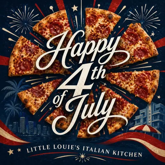Little Louies Italian Kitchen in Miami showing holiday celebration, pizza, pepperoni pizza, fireworks, venue atmosphere, video by Little Louie's Italian Kitchen on Facebook