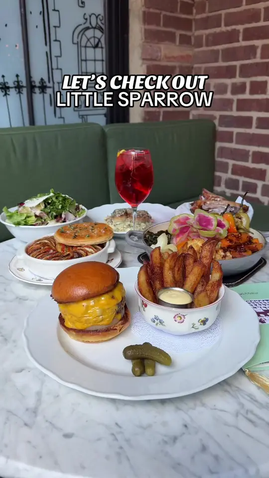Little Sparrow in Atlanta showing restaurant, date night, ambiance, outdoor patio, fries, onion soup gratinée, burger, ratatouille, vegetable plate, soft serve, video by eating.through.atlanta on TikTok
