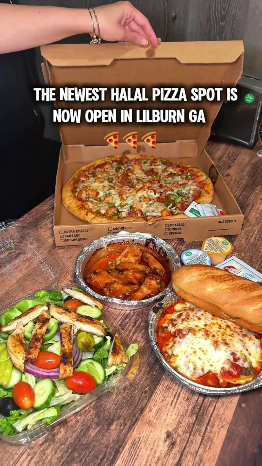 Little Villa's Halal Kitchen in Lilburn showing pizza, chicken tikka pizza / wings, tandoori hot honey wings / pasta, ravioli with meat sauce / salad, cajun chicken salad, video by craveandbiteatl on TikTok