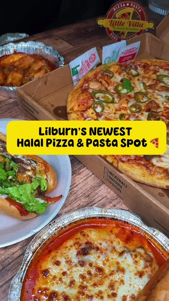 Little Villa's Halal Kitchen in Lilburn showing mango chicken tandoori pizza, mango habanero wings, steak sub, jumbo shell stuffed pasta with meat sauce, video by sobersipperatl on TikTok