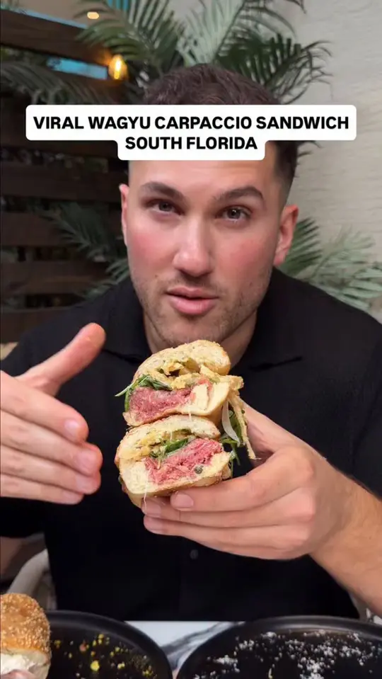 Livia Bar & Grill in Fort Lauderdale showing food, wagyu beef carpaccio sandwich, video by Mikeiseating on Facebook