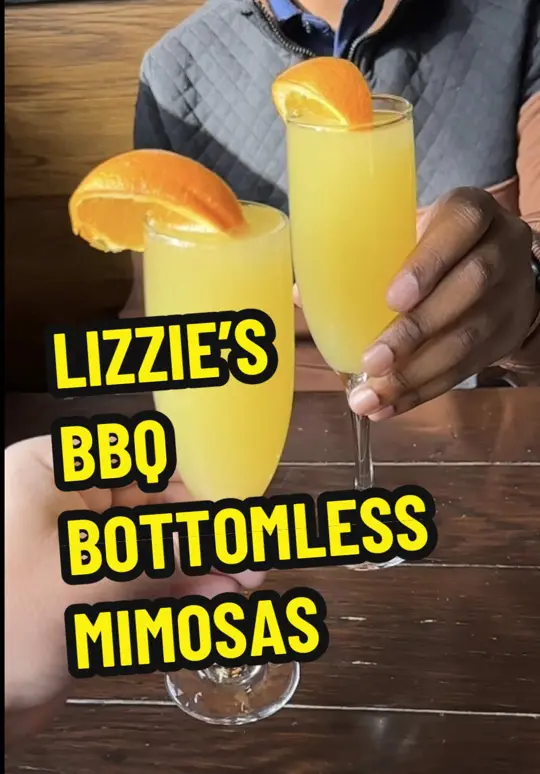 Lizzie’s Memphis Style BBQ in Kissimmee showing bottomless mimosas, berry waffle, brisket breakfast bowl, video by briantreks on TikTok