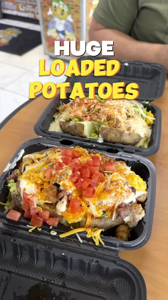 LOADED in Clearwater showing loaded baked potato, restaurant visit, video by denalovesfood on TikTok