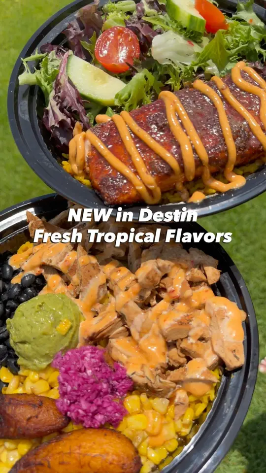 Locohana | Tropical Grill in Destin showing food, salmon bowl, elote in a cup, bowls, tacos, atmosphere, video by The 850 Foodie on Facebook