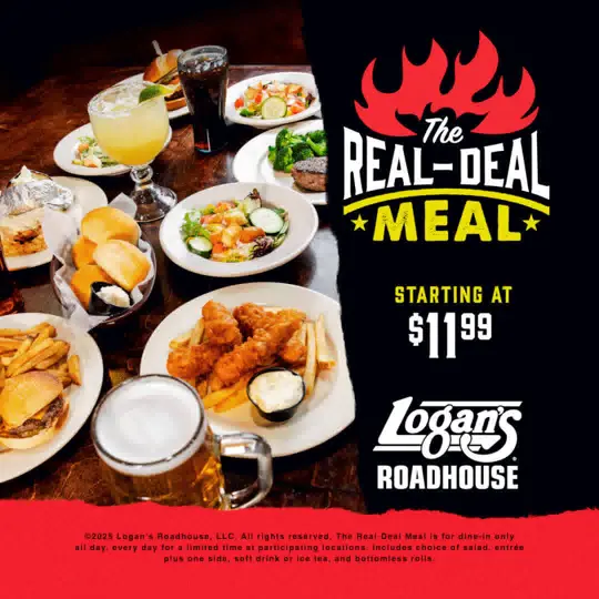 Logan's Roadhouse in Dalton showing entree, salad, side, drink, rolls, real-deal meal, video by Logan's Roadhouse on Facebook