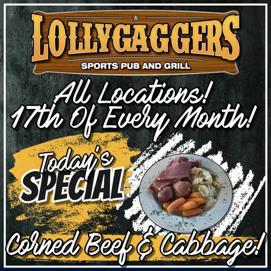 Lollygaggers in Crystal River showing food, corned beef & cabbage, daily specials, video by Lollygaggers Sports Pub & Grill - Crysta on Facebook