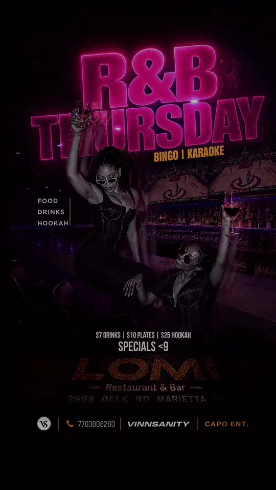 Lomi Restaurant & Bar in Marietta showing rnb night, good vibes, free entry, parking, specials, video by lomiatlanta on TikTok