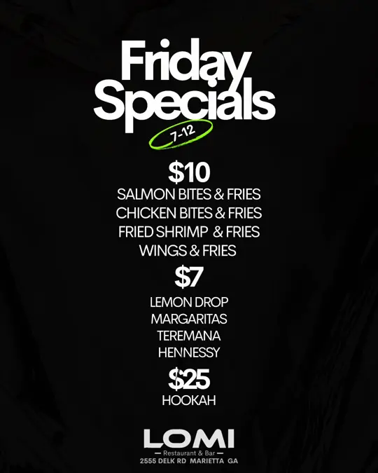 Lomi Restaurant & Bar in Marietta showing happy hour, free entry, parking, video by lomiatlanta on TikTok