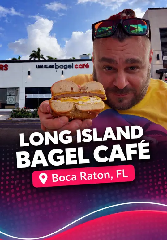 Long Island Bagel & Deli in Boca Raton showing review, sausage egg and cheese on everything bagel, video by ajslambino on TikTok