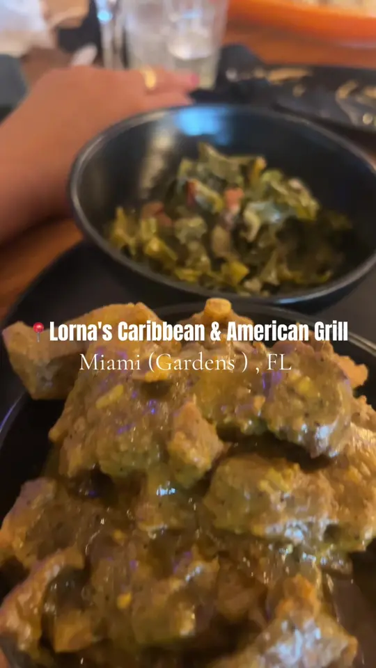 Lorna's Caribbean & American Grill in Miami Gardens showing food, conch fritters, curry goat, collard greens, mac and cheese, boiled fish and grits, cracked conch, video by keaushaj on TikTok