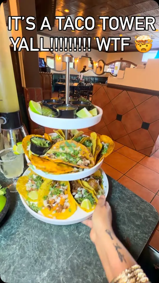 Los Bravos Mexican Restaurant Woodstock in Woodstock showing review, taco tower, birria tacos, quesabirria, shrimp tacos, al pastor, video by Misty Watson on Facebook