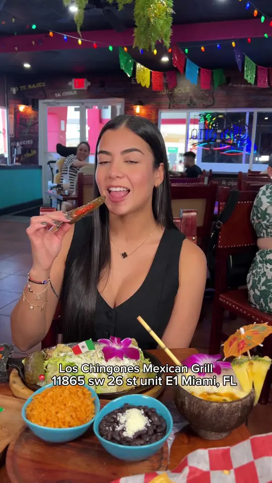 Los Chingones Mexican Grill in Miami showing restaurant visit, guacamole with chicharrón and plantain, cazuelitas with shrimp and hot sauce, birria tacos, enchiladas, flautas with meat,, video by gabrielaromeros on TikTok