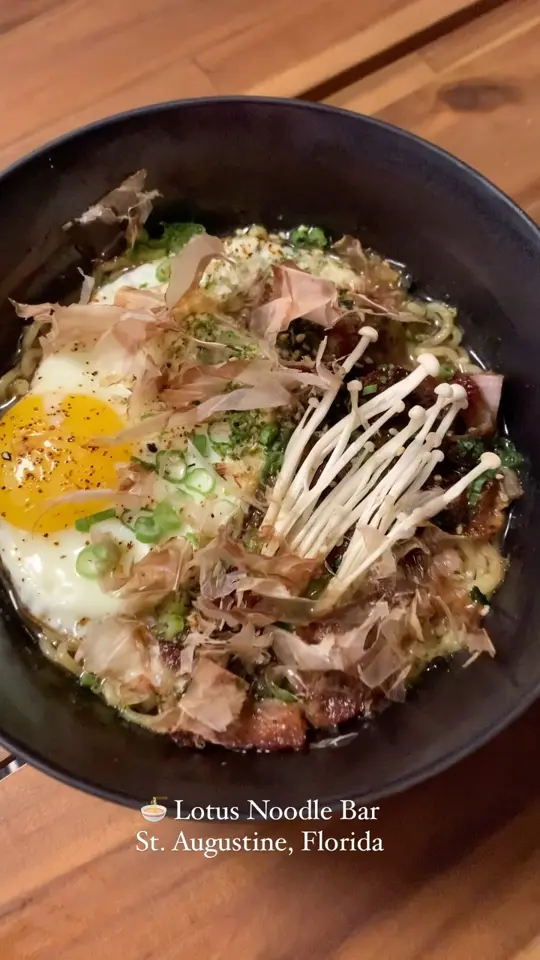 Lotus Noodle Bar in St. Augustine showing food, ramen, steamed buns, koji-cured pork belly, wagyu tartare, scallop crudo, video by Totally St. Augustine on Facebook