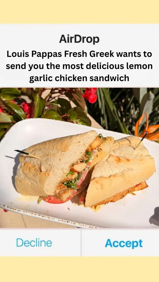 Louis Pappas Market Cafe in Tampa showing food, lemon garlic chicken sandwich, video by Louis Pappas Fresh Greek on Facebook