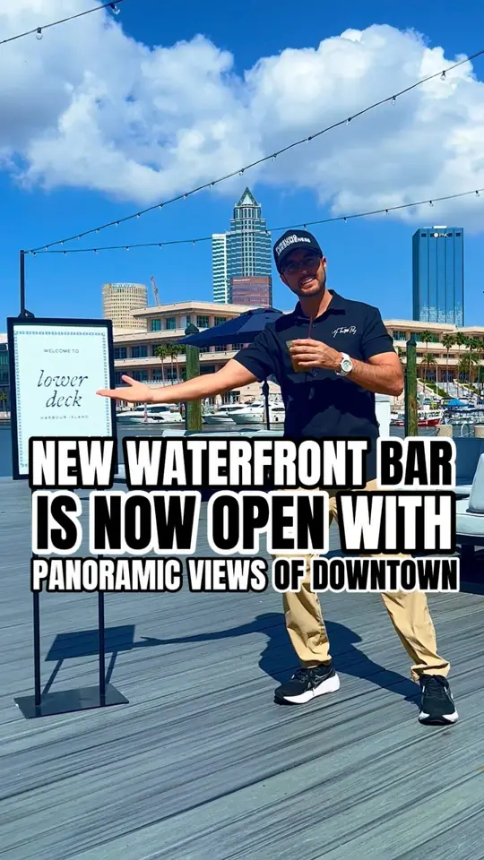 Lower Deck in Tampa showing bar, waterfront bar, burger, fish and chips, patio, downtown tampa views, video by Tampa Bay is Awesome on Facebook