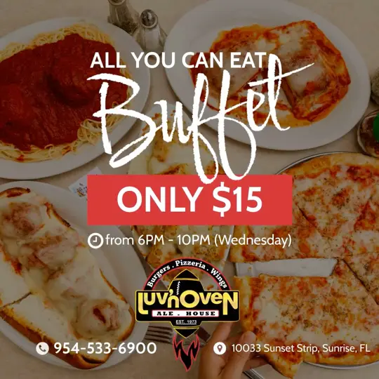 Luv'n Oven Ale House Sunrise in Sunrise showing pasta, rasta pasta, boneless wings, garlic rolls, specialty pizzas, buffet, video by Luv'n Oven Ale House on Facebook
