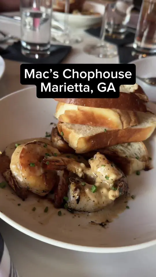 Mac's Chop House in Marietta showing review, visit, blackened shrimp, filet oscar-style, mashed potatoes, video by chicagogirlsouthernworld on TikTok