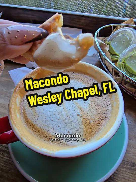 Macondo Coffee Roasters in Miami showing coffee, empanadas, video by mrs.saborwithlove on TikTok