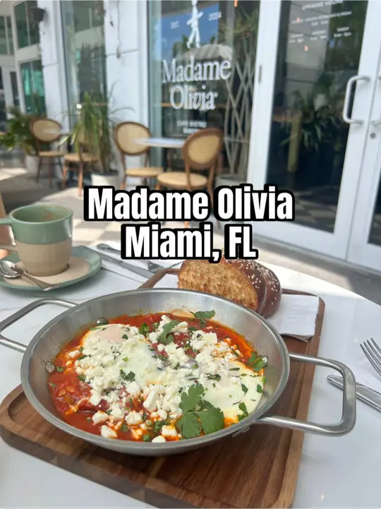 Madame Olivia North Miami in North Miami showing review, visit, french pastries, mediterranean-inspired bowls, shakshuka melanzane, croissant sandwich, video by seedoilfreefoodie on TikTok