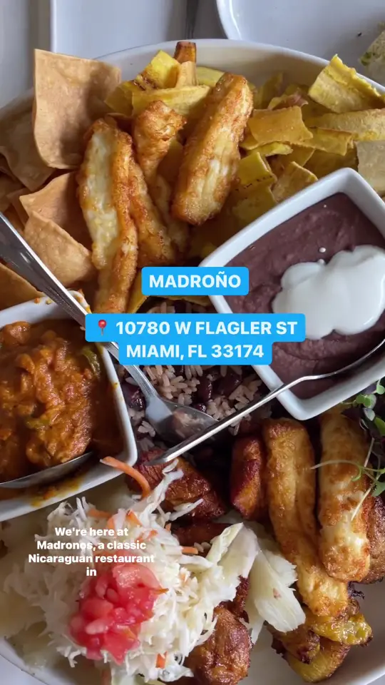 Madroño Restaurant in Miami showing food, gallo pinto, video by discover.nicaragua on TikTok