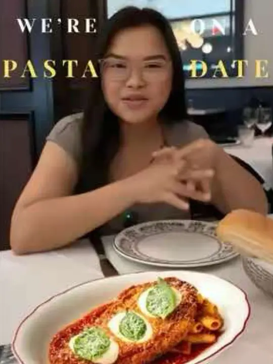Maggiano's Little Italy in Atlanta showing food review, chicken parmesan, video by biteswithjade on TikTok