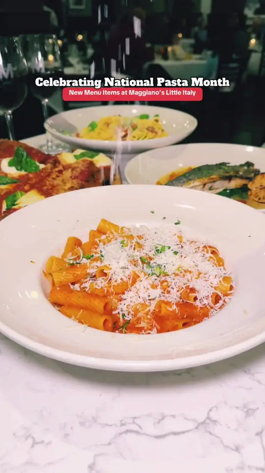 Maggiano's Little Italy in Atlanta showing food, rigatoni alla vodka, food, 'riserva' veal parmesan, drink, lingua franca agni pinot noir, video by atlfoodies on TikTok