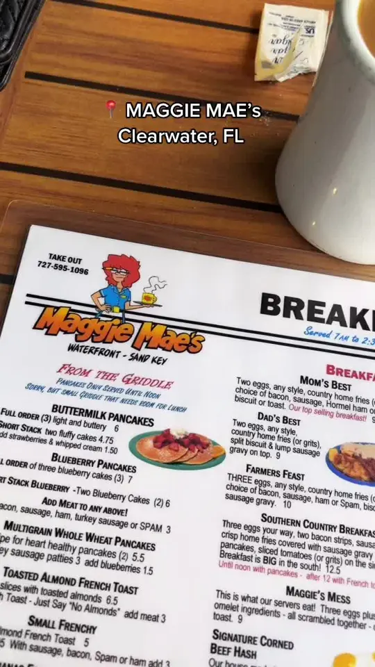 Maggie Mae's Waterfront in Clearwater Beach showing visit, breakfast, video by ananinocombs on TikTok