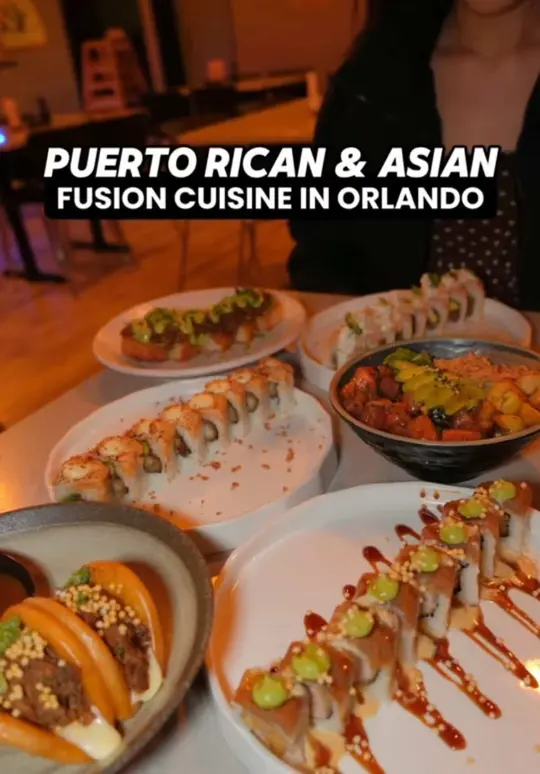 Maguro Latin Asian Cuisine in Orlando showing food, crispy fried rolls, ropa vieja bao buns, sushi, video by zackaryeats on TikTok