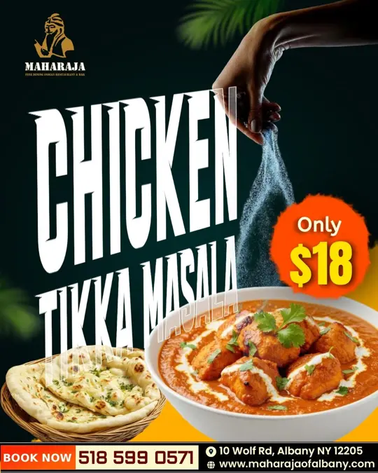 Maharaja Indian Restaurant in Albany showing chicken tikka masala, naan, video by Maharaja Indian Restaurant on Facebook