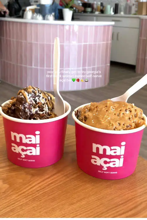 Mai Açaí in Peachtree Corners showing visit, açaí bowl, coconut cloud, matcha latte, double matcha, video by jaaliyahs on TikTok