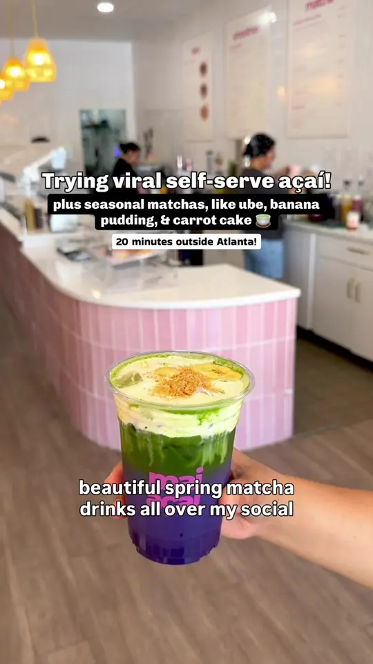 Mai Açaí in Peachtree Corners showing açaí bowls, matcha drinks, ube, banana pudding, self-serve concept, video by atldessertguide on TikTok