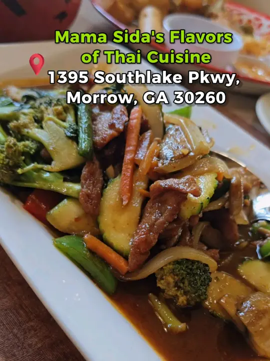 Mama Sidas Flavors of Thai Cuisine in Morrow showing review, taste of thailand garden combo, p8 taste of thailand with pork and fried rice, video by cjeats6 on TikTok