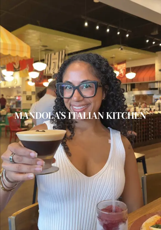 Mandolas Italian Kitchen in Odessa showing scratch-made italian food, homemade mozzarella, wood-fired pizza, crispy chicken parm, dessert case with italian cookies, cannolis, gelato, happy hour drinks in, video by aleiastraveldiary on TikTok