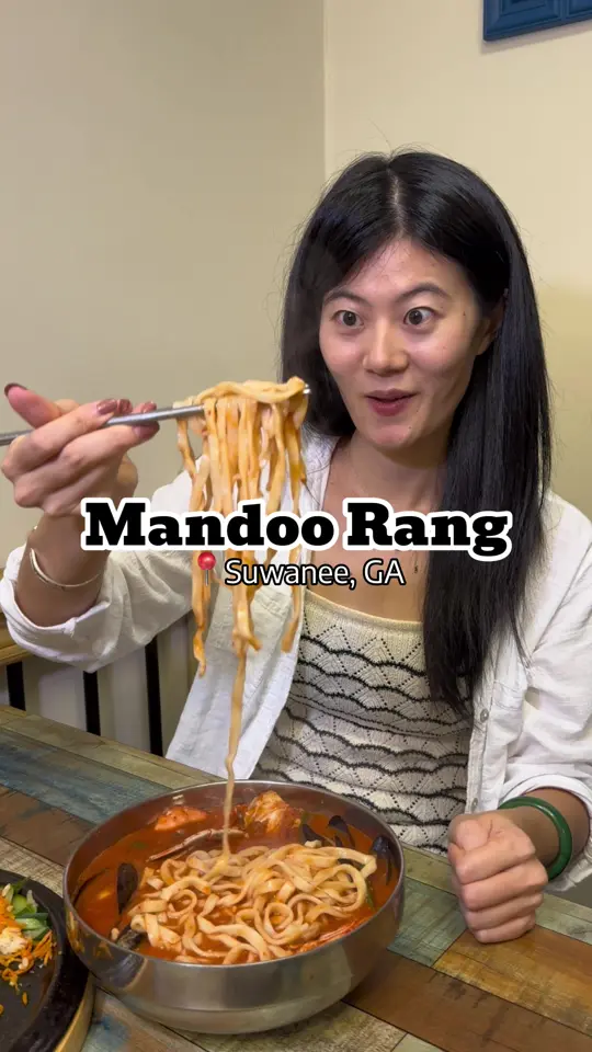 Mandoo Rang in Suwanee showing food, spicy seafood kal kooksu, spicy pork + rice, kimchi + pork fried mandoo, veggie fried mandoo, tteokbokki hot, anchovy k, video by atlanta_foodyyyyy on TikTok