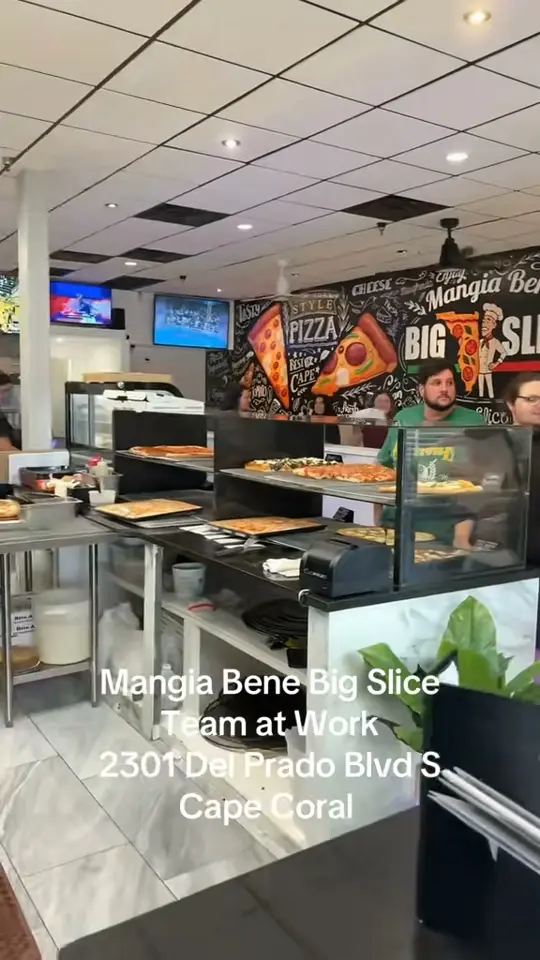 Mangia Bene Big Slice in Cape Coral showing behind the scenes, team at work, video by Mangia Bene Big Slice on Facebook