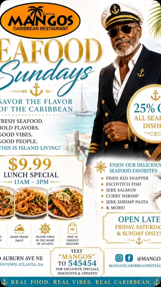 Mangos Caribbean Restaurant in Atlanta showing food, fried red snapper / food, jerk salmon / food, curry shrimp / food, jerk shrimp pasta / food, escovitch fish, video by Mangos Caribbean Restaurant on Facebook