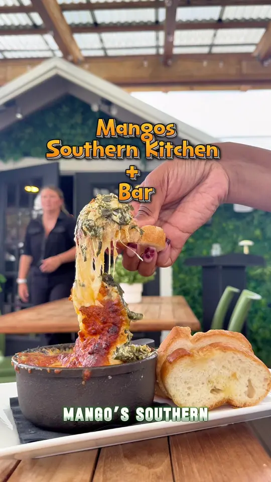 Mangos Southern Kitchen and Bar in Tampa showing honey cornbread, soul rolls, video by eatlocalflorida on TikTok