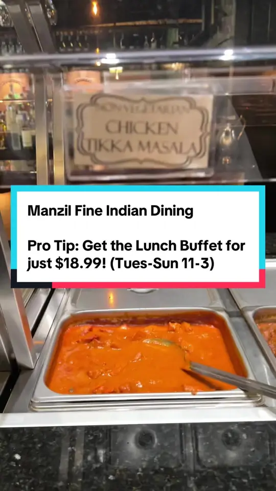 Manzil Fine Indian Dining in Gainesville showing buffet, chicken vindaloo, cocktails, video by bestofgainesville on TikTok