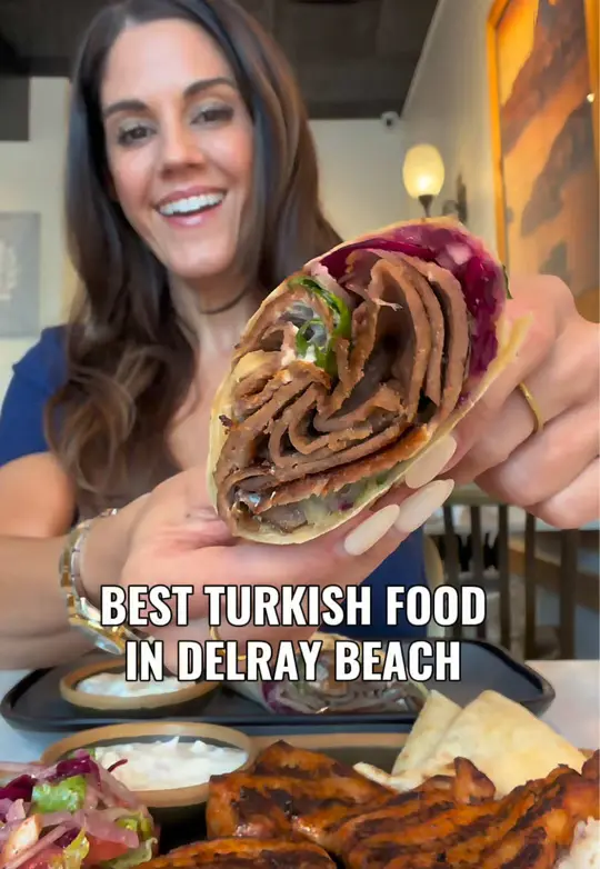Marash Mediterranean in Delray Beach showing review, visit, chicken platter, beef gyro wrap, baklava with pistachio kadayif, video by sarahsarpolis on TikTok