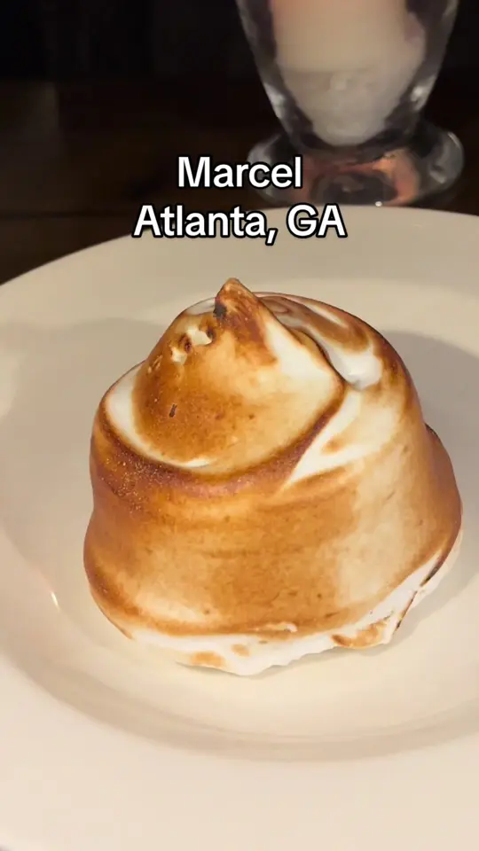 Marcel in Atlanta showing dessert, strawberries & cream baked alaska, video by highspeeddining on TikTok